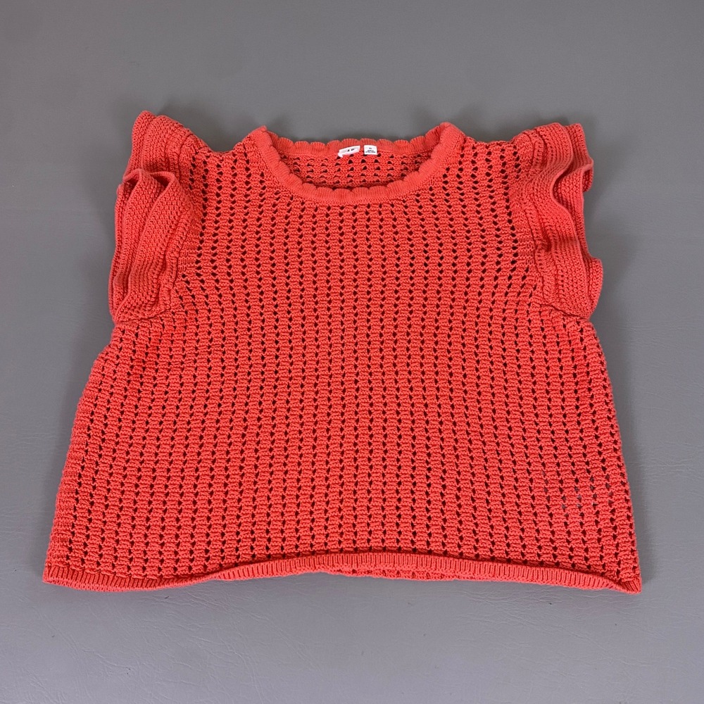 Gap Sweater Top Women's XL Coral Orange Crochet Knit Ruffle Cap Sleeve Cotton‎
